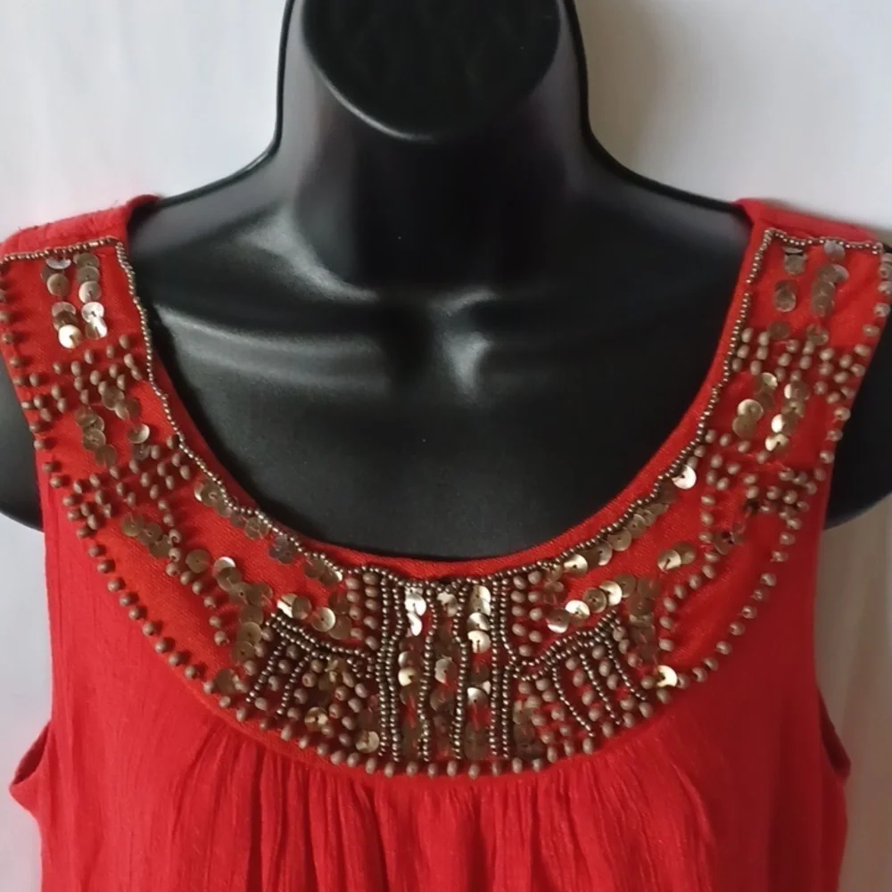 Red maxi beaded dress with sequins, and light weight gauze material,